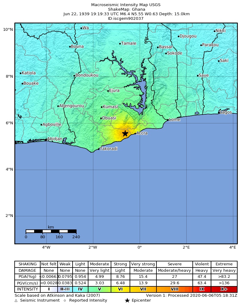 USGS ShakeMap: estimated shaking intensity around the epicenter