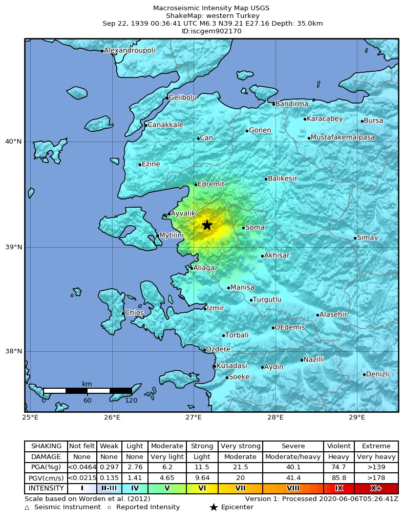 USGS ShakeMap: estimated shaking intensity around the epicenter