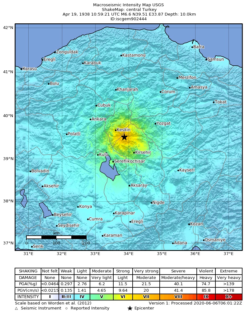 USGS ShakeMap: estimated shaking intensity around the epicenter