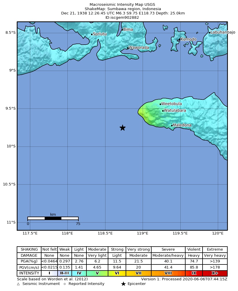 USGS ShakeMap: estimated shaking intensity around the epicenter
