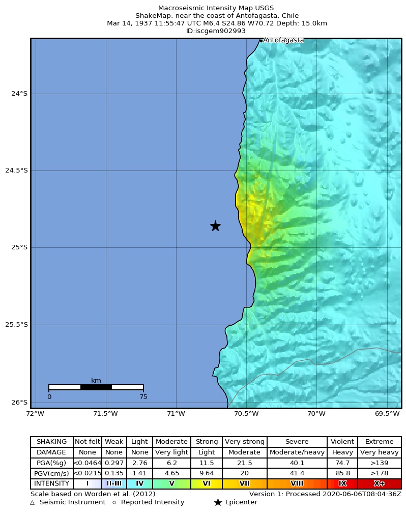 USGS ShakeMap: estimated shaking intensity around the epicenter