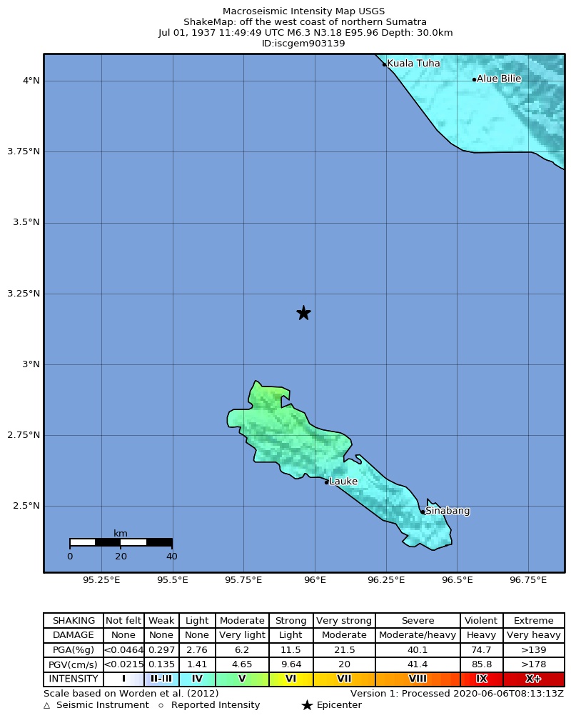 USGS ShakeMap: estimated shaking intensity around the epicenter