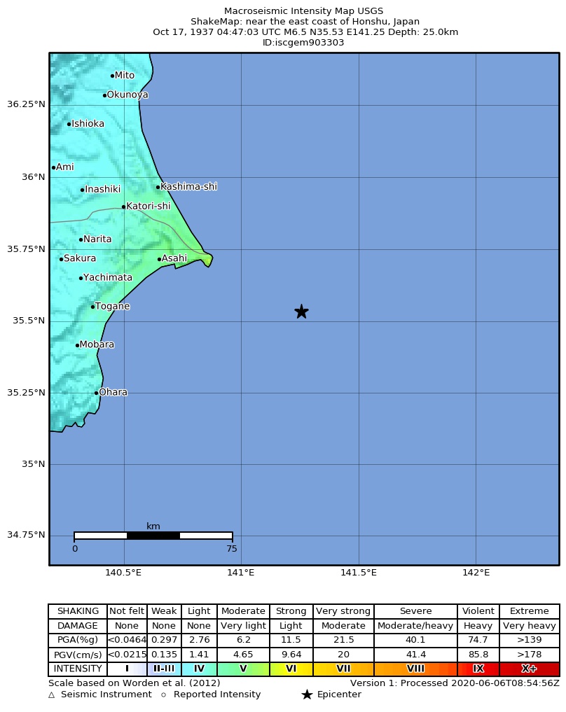 USGS ShakeMap: estimated shaking intensity around the epicenter