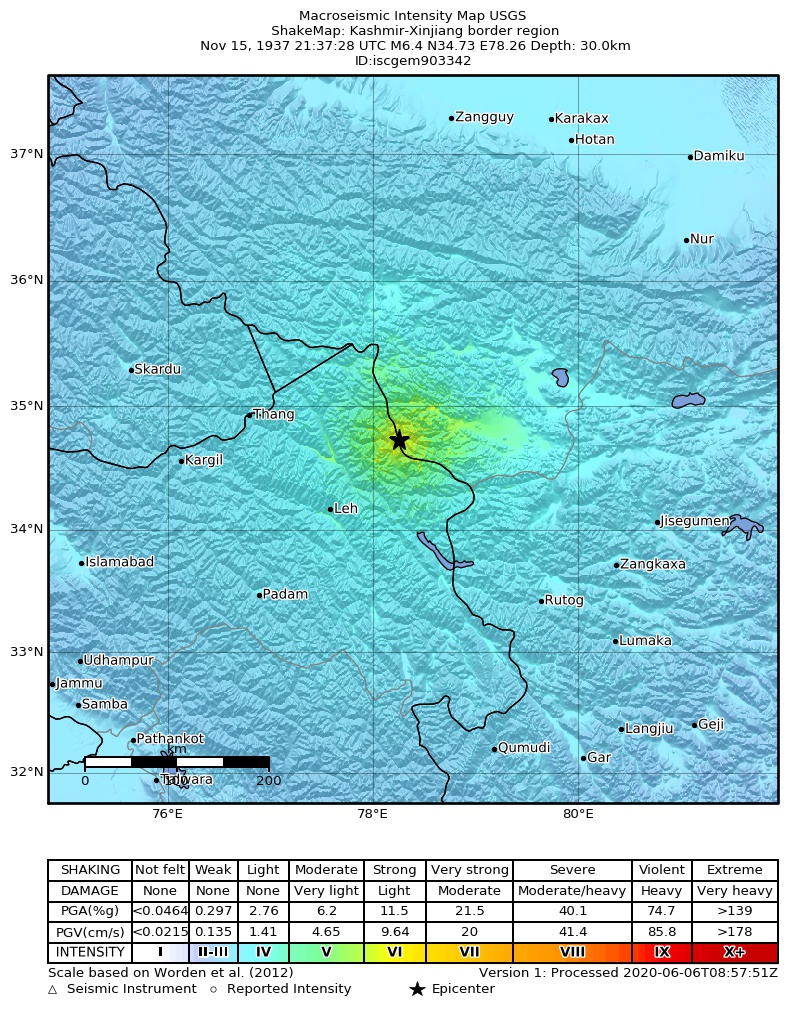 USGS ShakeMap: estimated shaking intensity around the epicenter