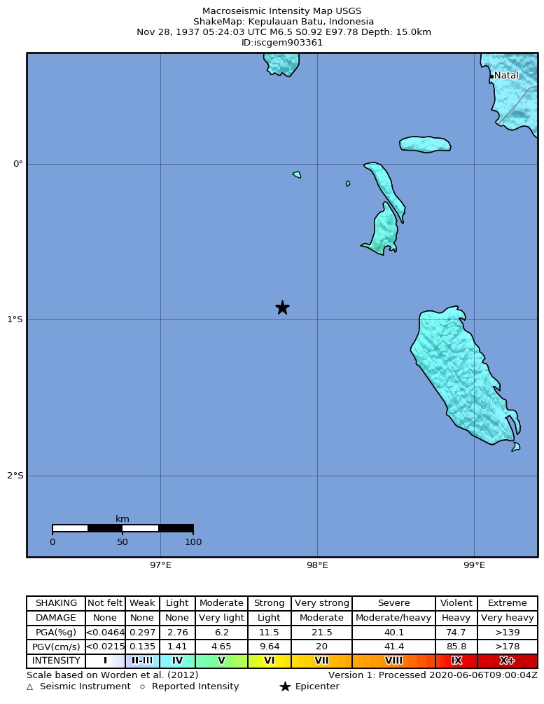 USGS ShakeMap: estimated shaking intensity around the epicenter