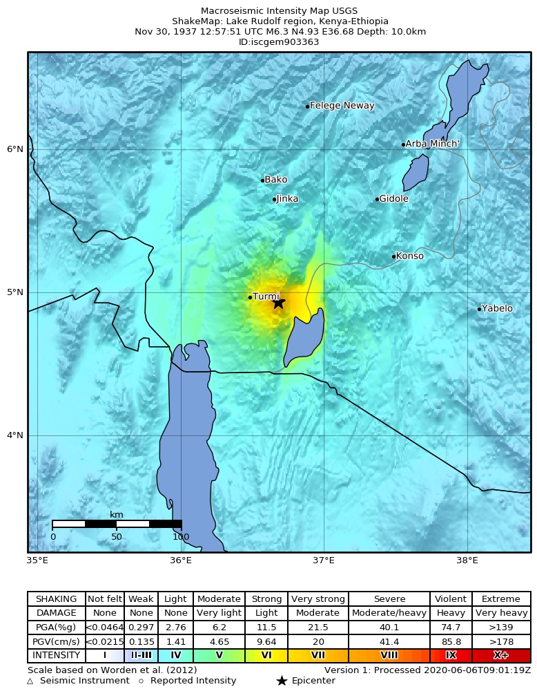 USGS ShakeMap: estimated shaking intensity around the epicenter