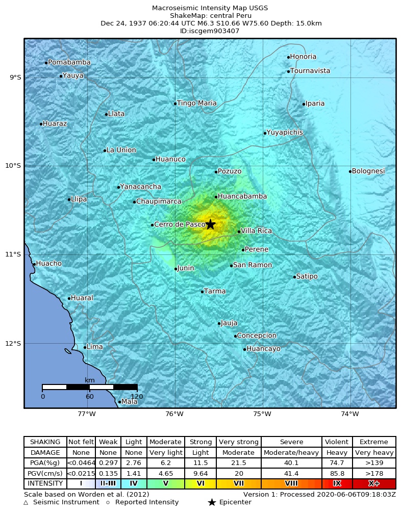 USGS ShakeMap: estimated shaking intensity around the epicenter