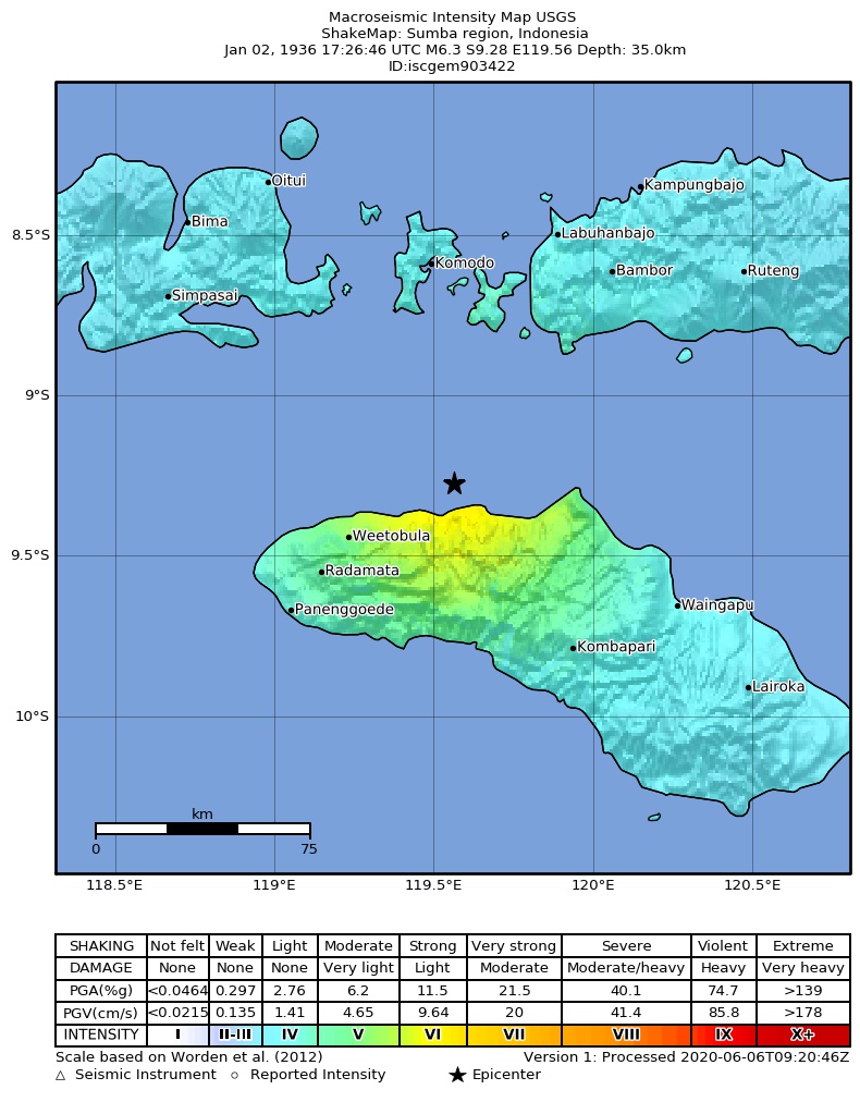 USGS ShakeMap: estimated shaking intensity around the epicenter