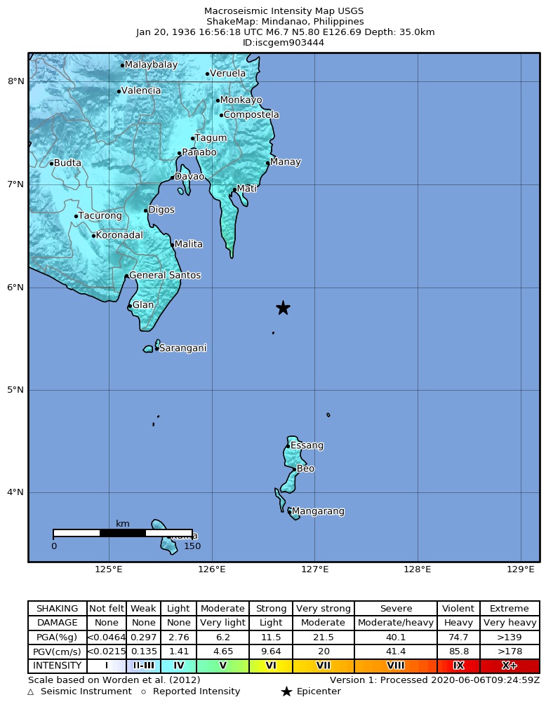 USGS ShakeMap: estimated shaking intensity around the epicenter