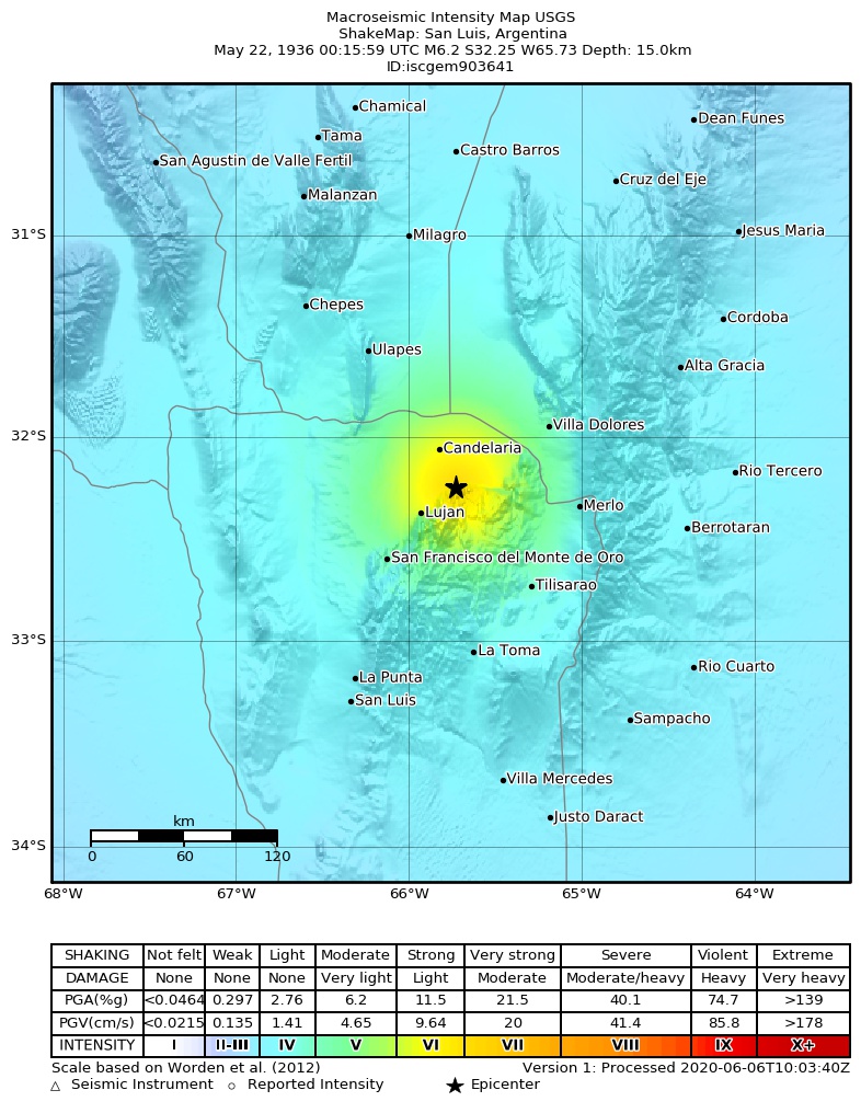 USGS ShakeMap: estimated shaking intensity around the epicenter