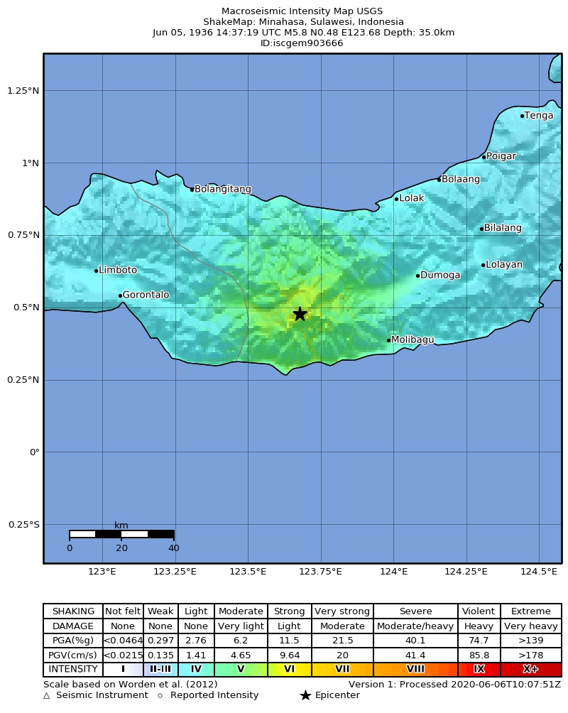 USGS ShakeMap: estimated shaking intensity around the epicenter