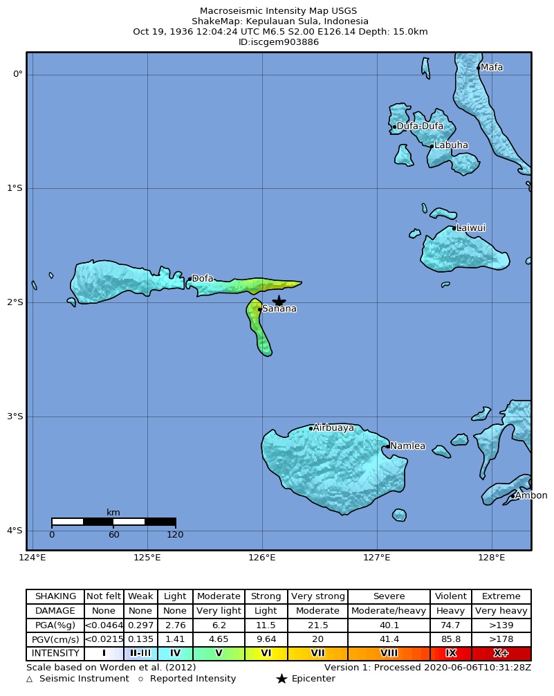 USGS ShakeMap: estimated shaking intensity around the epicenter