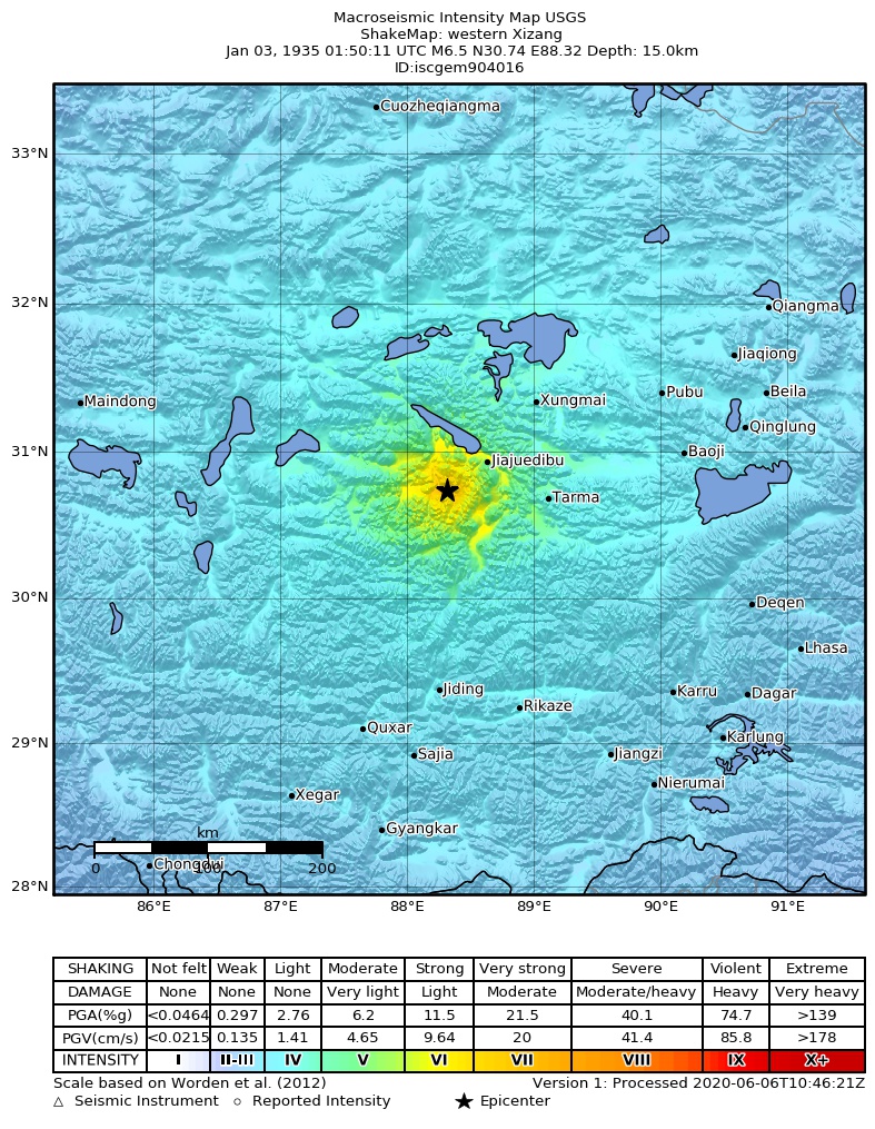 USGS ShakeMap: estimated shaking intensity around the epicenter