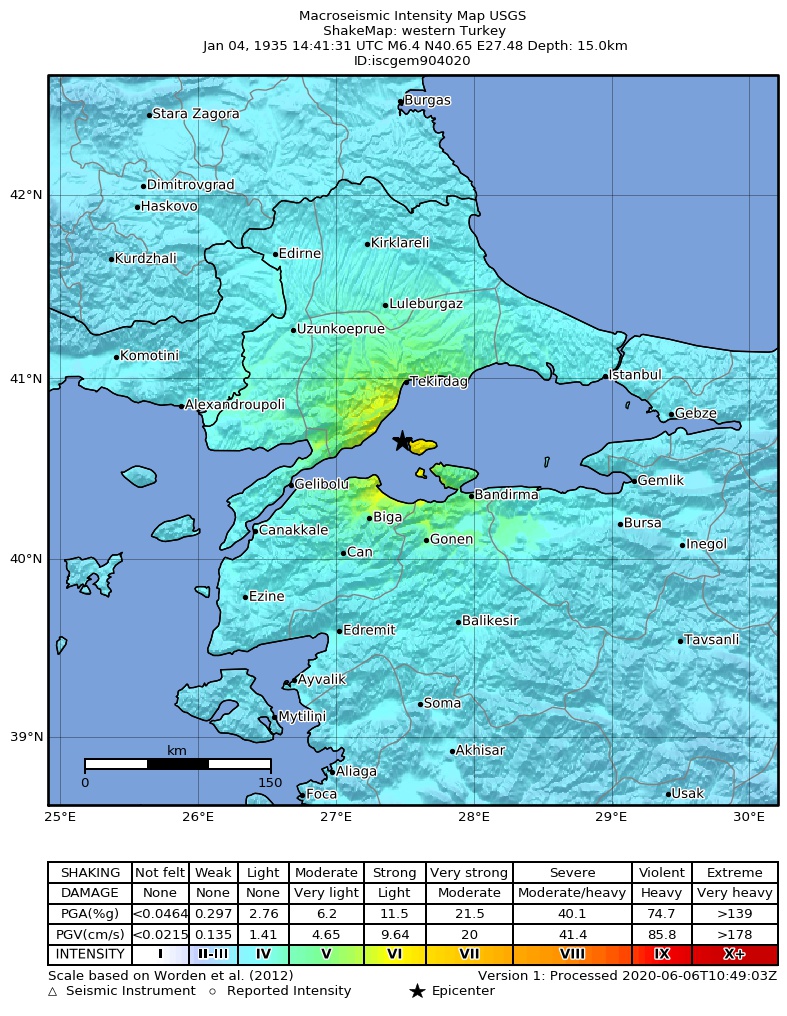 USGS ShakeMap: estimated shaking intensity around the epicenter