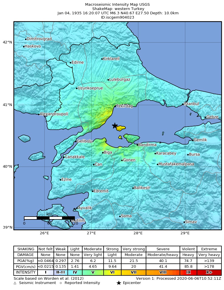 USGS ShakeMap: estimated shaking intensity around the epicenter