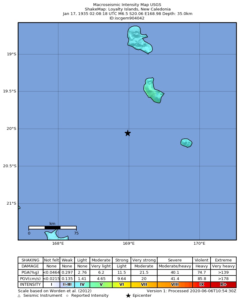 USGS ShakeMap: estimated shaking intensity around the epicenter