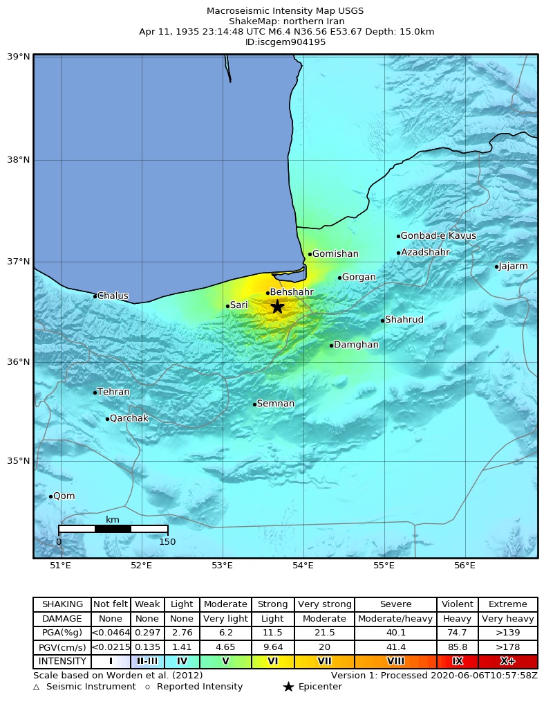 USGS ShakeMap: estimated shaking intensity around the epicenter