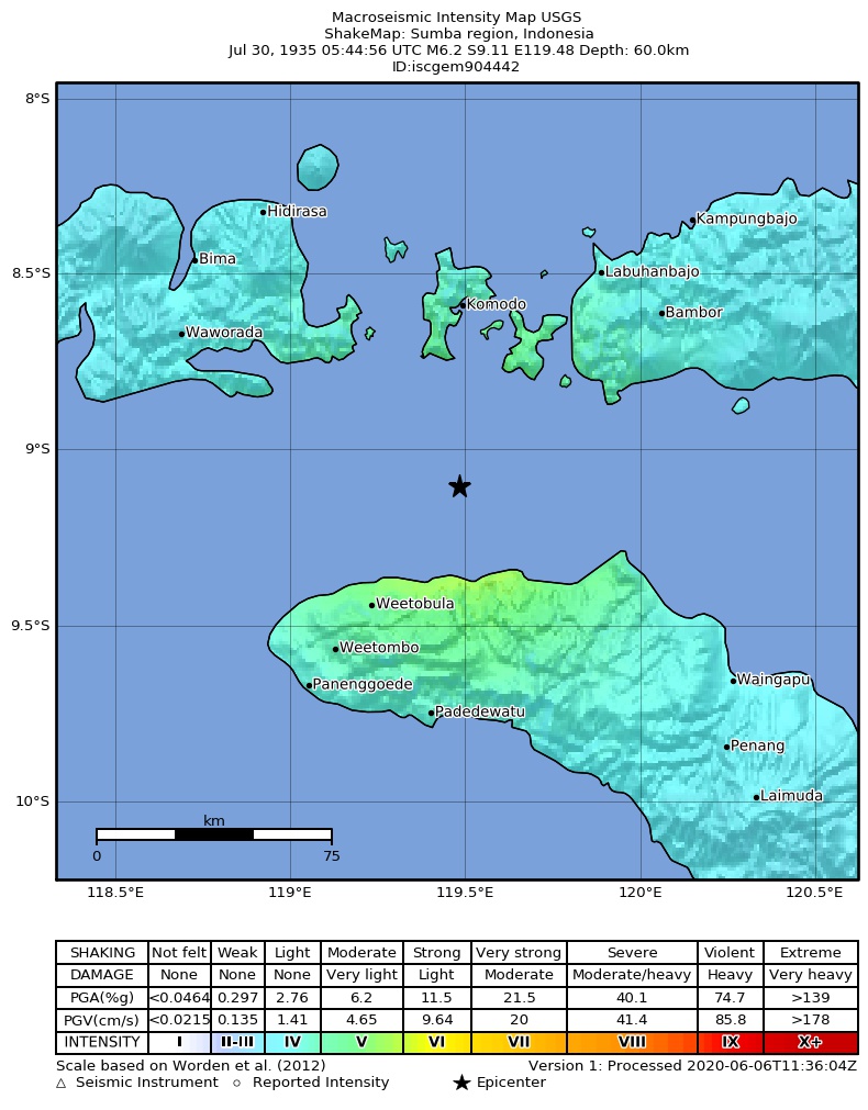 USGS ShakeMap: estimated shaking intensity around the epicenter