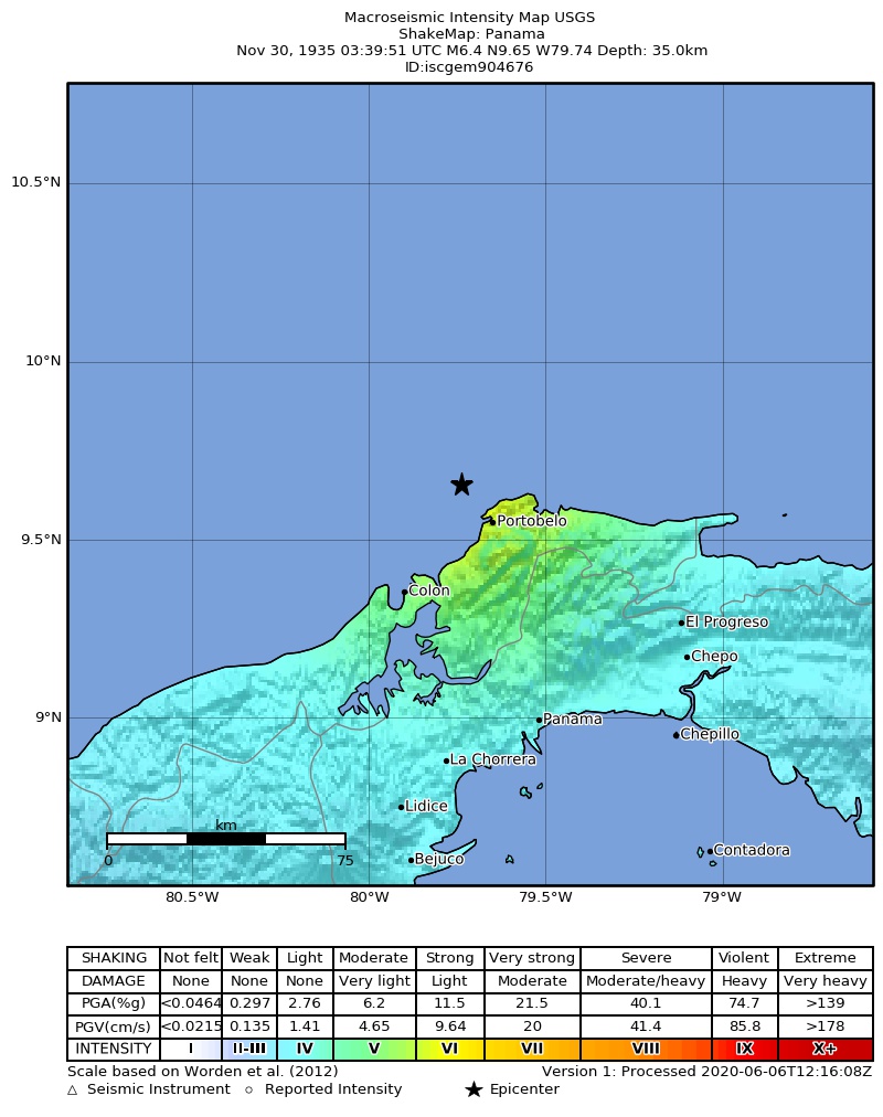 USGS ShakeMap: estimated shaking intensity around the epicenter
