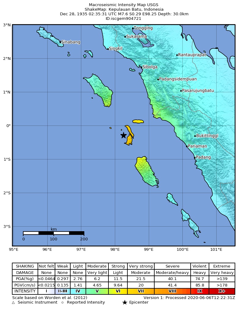 USGS ShakeMap: estimated shaking intensity around the epicenter