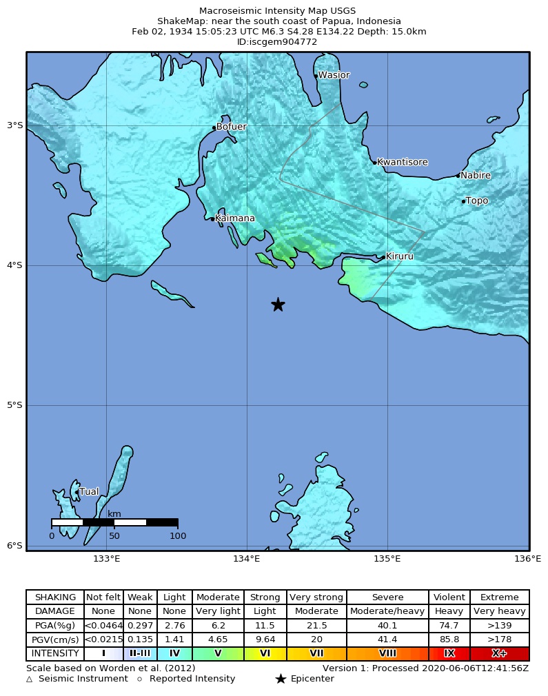 USGS ShakeMap: estimated shaking intensity around the epicenter
