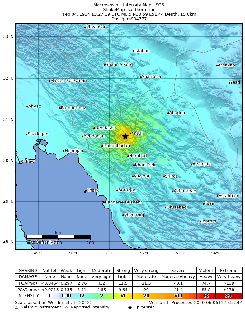 USGS ShakeMap: estimated shaking intensity around the epicenter