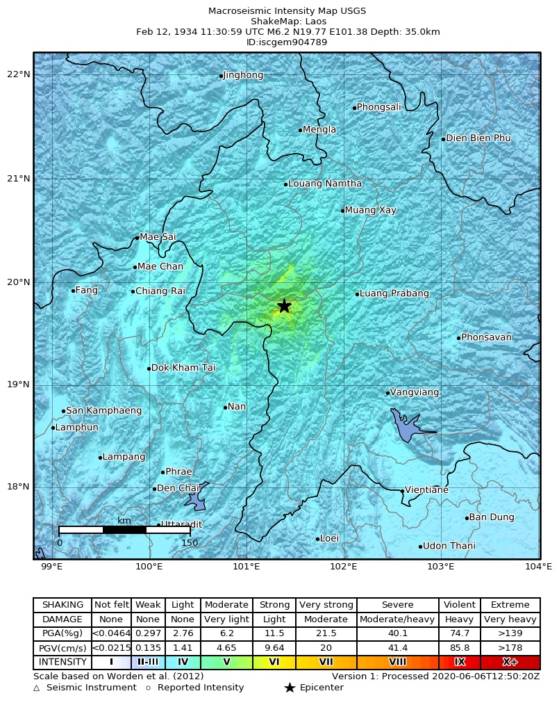 USGS ShakeMap: estimated shaking intensity around the epicenter