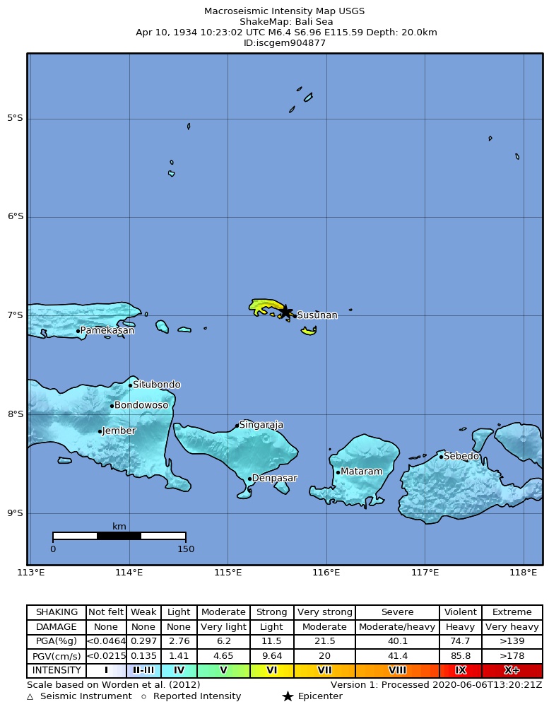 USGS ShakeMap: estimated shaking intensity around the epicenter