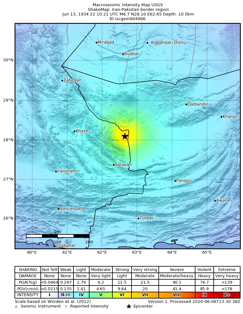 USGS ShakeMap: estimated shaking intensity around the epicenter