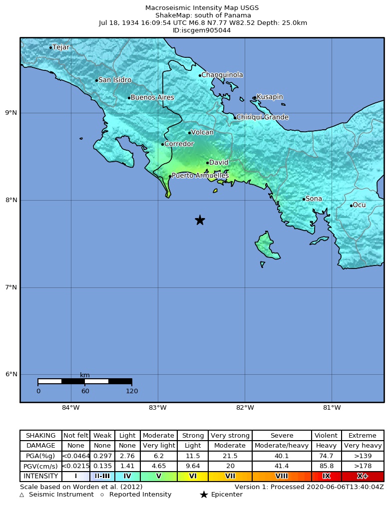 USGS ShakeMap: estimated shaking intensity around the epicenter