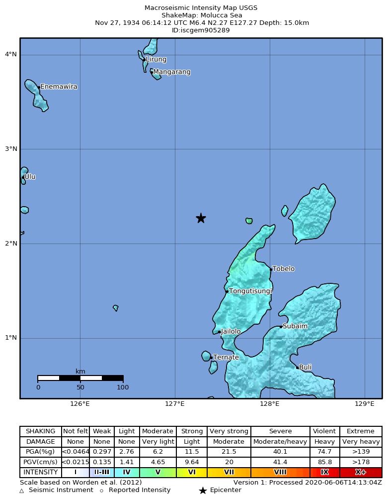 USGS ShakeMap: estimated shaking intensity around the epicenter