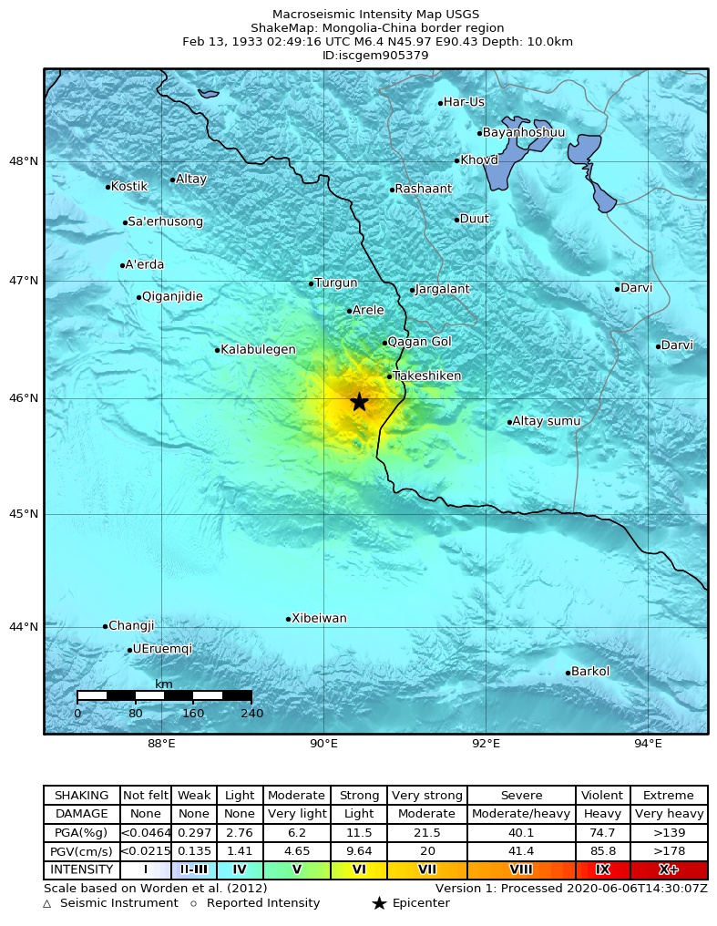 USGS ShakeMap: estimated shaking intensity around the epicenter