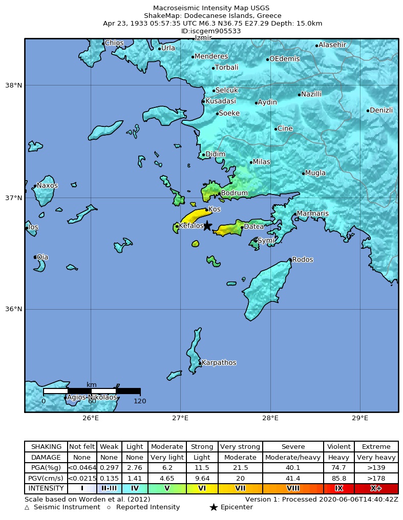 USGS ShakeMap: estimated shaking intensity around the epicenter