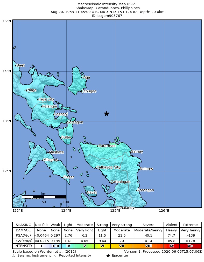 USGS ShakeMap: estimated shaking intensity around the epicenter