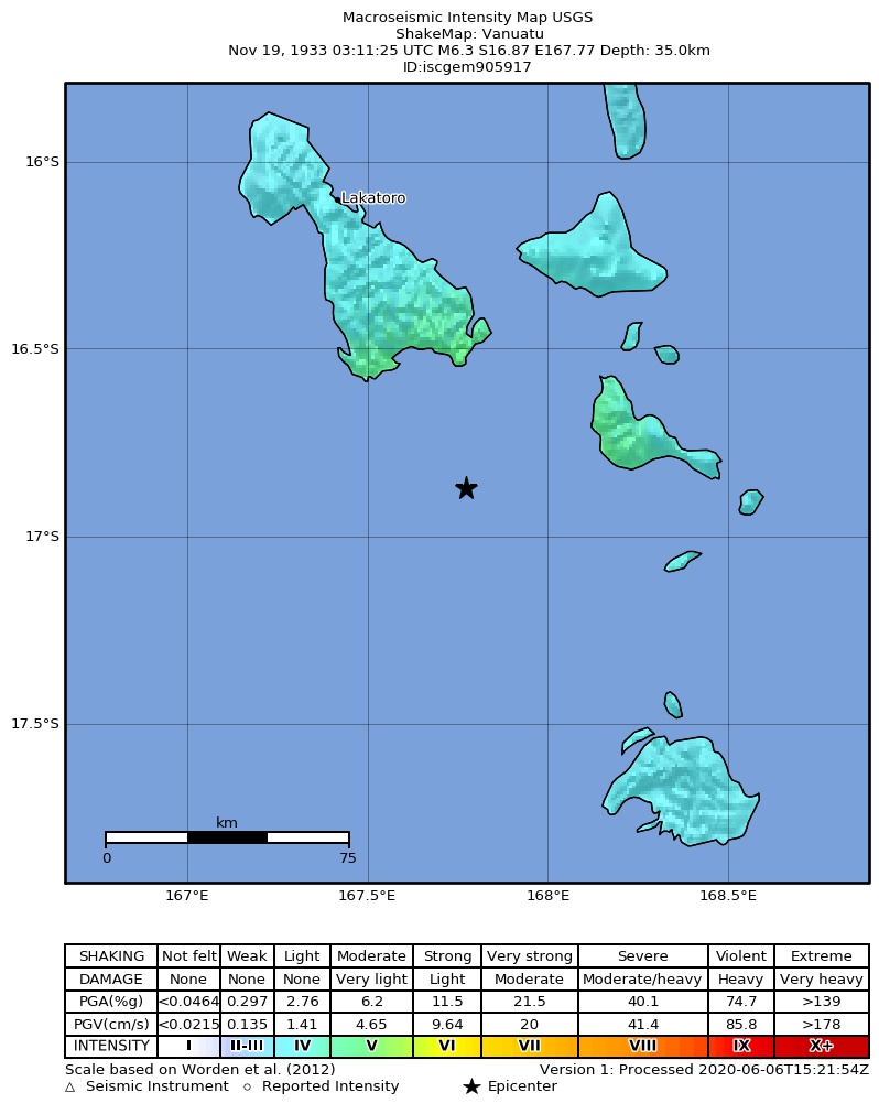 USGS ShakeMap: estimated shaking intensity around the epicenter