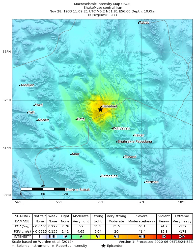 USGS ShakeMap: estimated shaking intensity around the epicenter