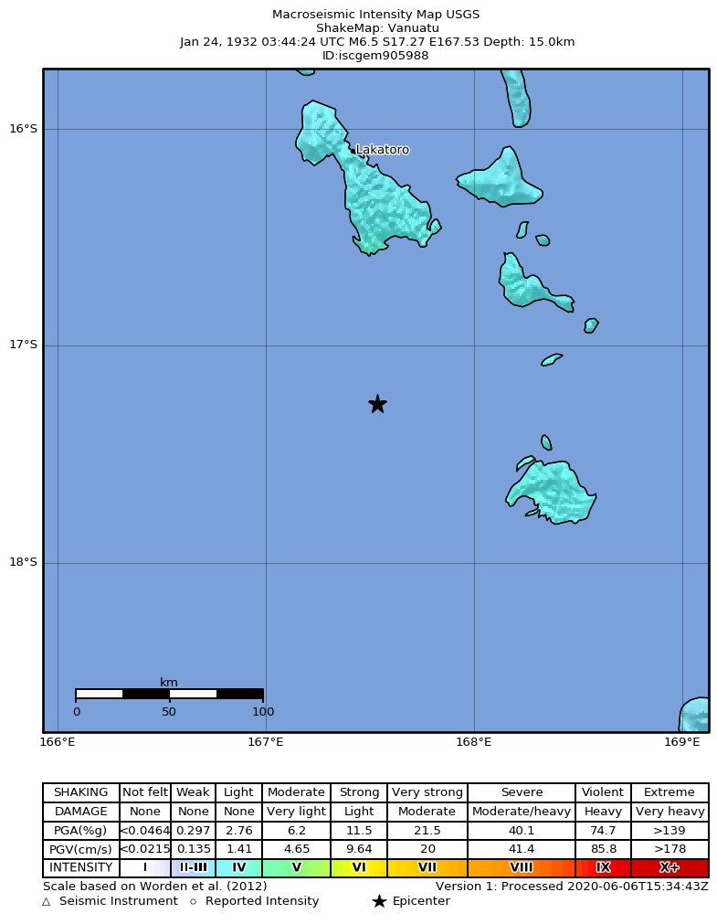 USGS ShakeMap: estimated shaking intensity around the epicenter