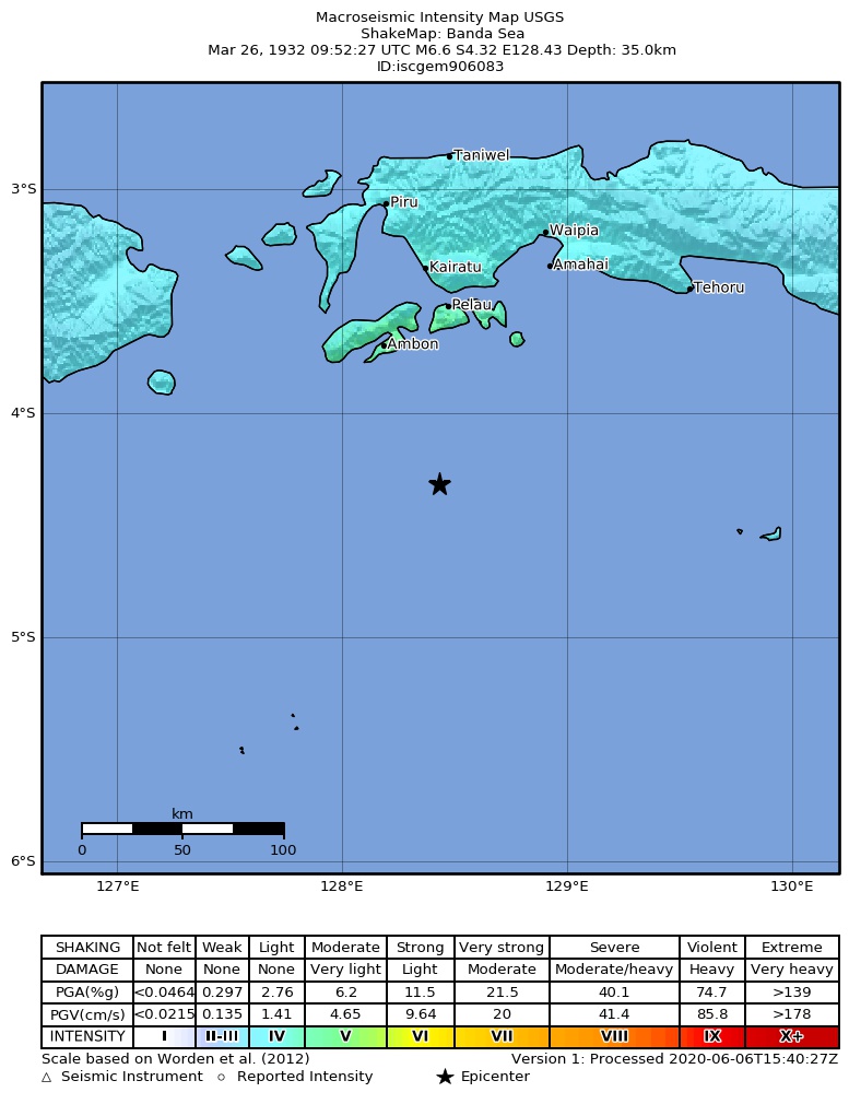 USGS ShakeMap: estimated shaking intensity around the epicenter