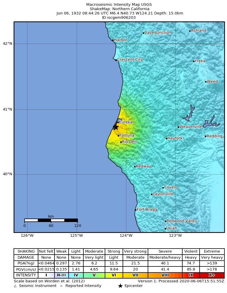 USGS ShakeMap: estimated shaking intensity around the epicenter