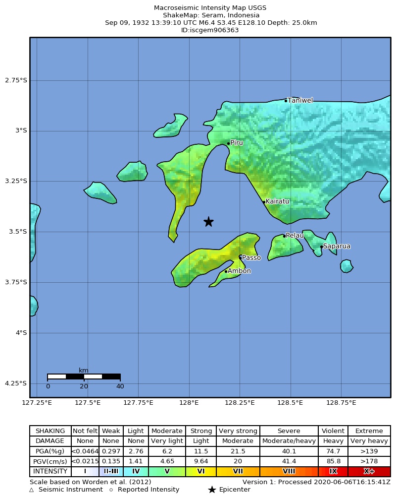 USGS ShakeMap: estimated shaking intensity around the epicenter