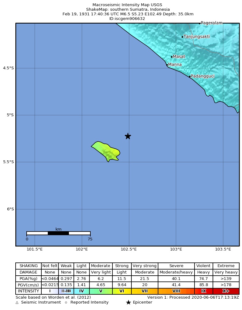 USGS ShakeMap: estimated shaking intensity around the epicenter