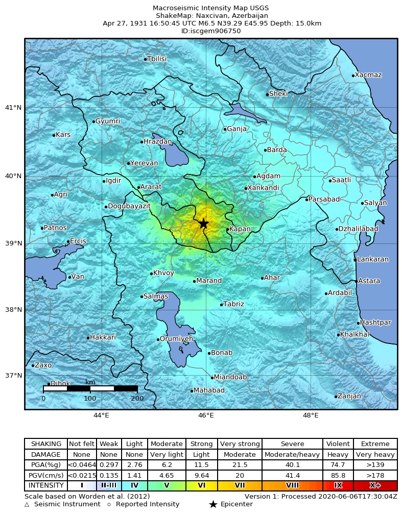 USGS ShakeMap: estimated shaking intensity around the epicenter