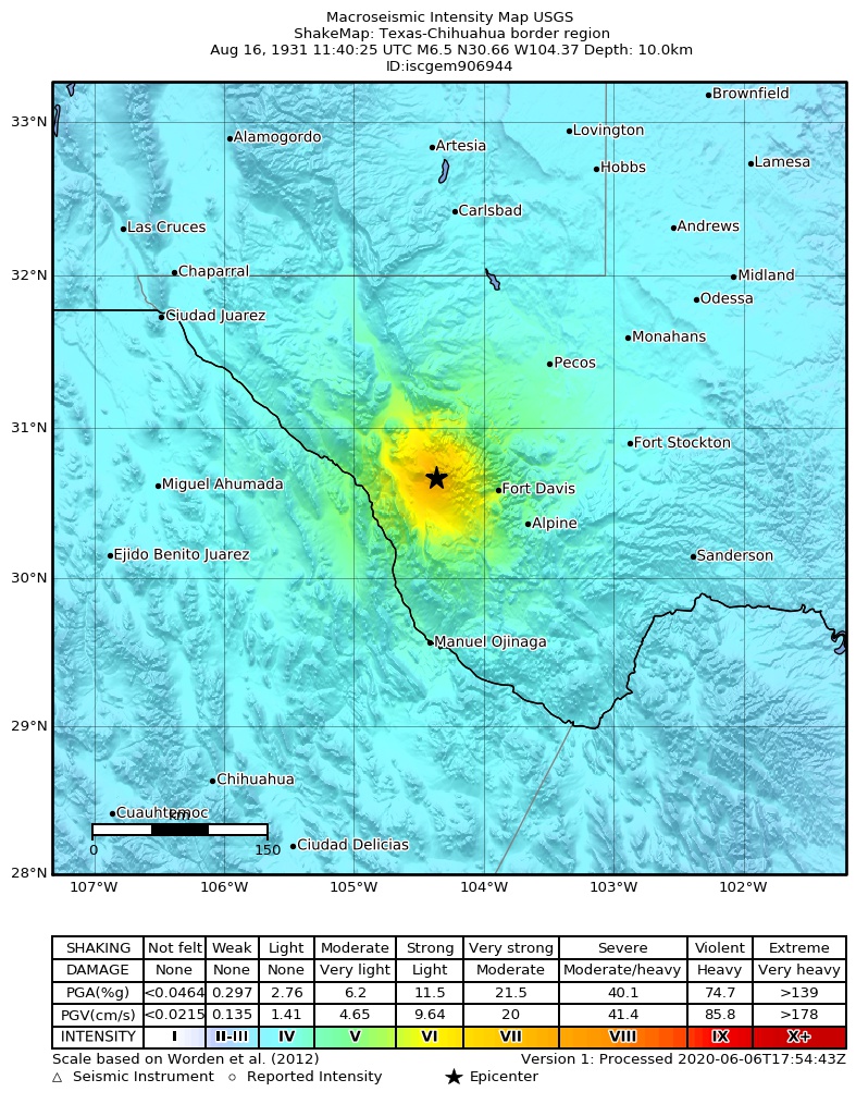 USGS ShakeMap: estimated shaking intensity around the epicenter