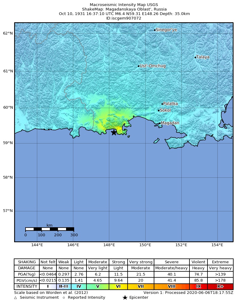 USGS ShakeMap: estimated shaking intensity around the epicenter