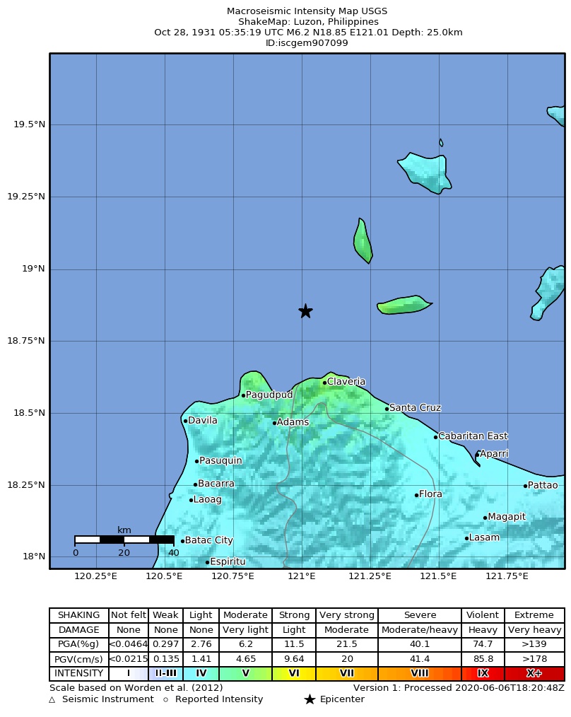USGS ShakeMap: estimated shaking intensity around the epicenter