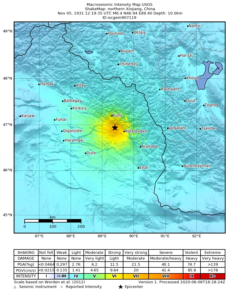 USGS ShakeMap: estimated shaking intensity around the epicenter