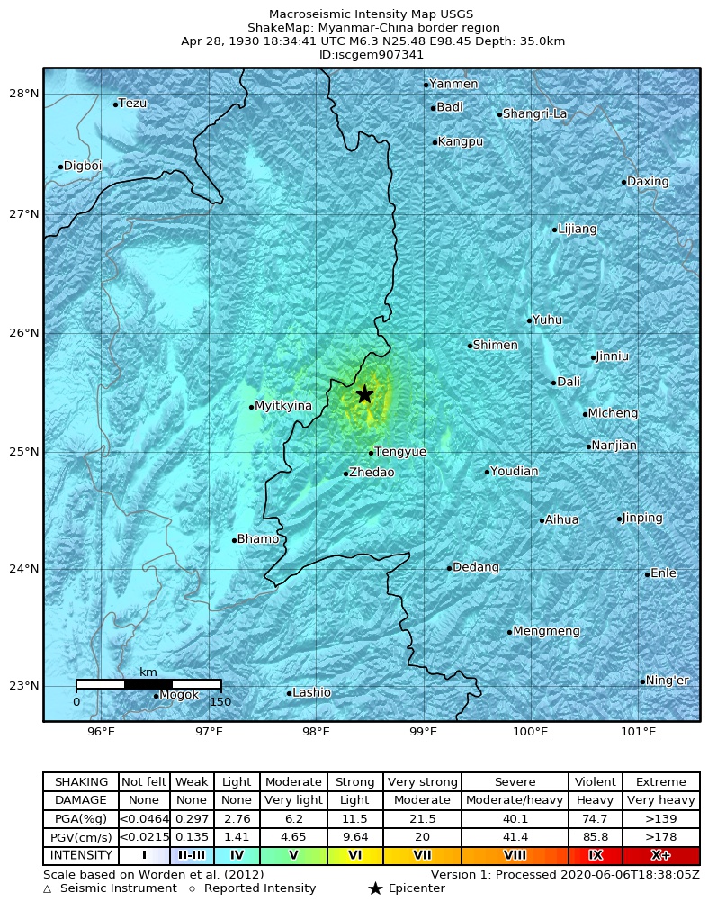 USGS ShakeMap: estimated shaking intensity around the epicenter