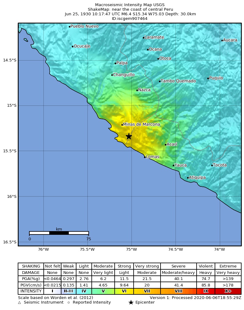 USGS ShakeMap: estimated shaking intensity around the epicenter