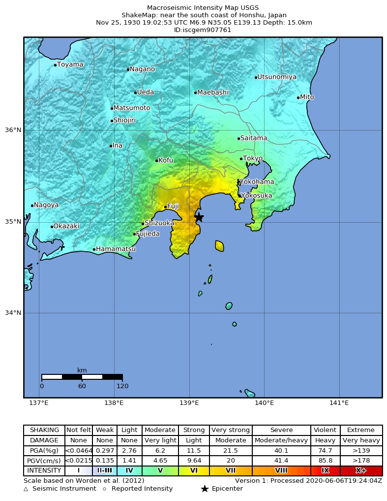 USGS ShakeMap: estimated shaking intensity around the epicenter