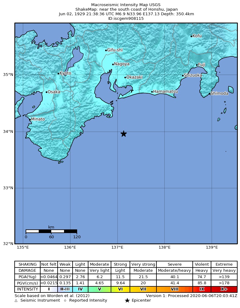 USGS ShakeMap: estimated shaking intensity around the epicenter